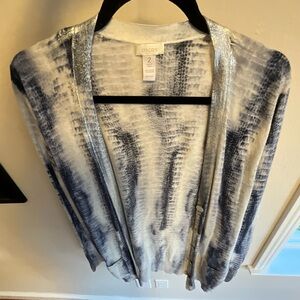 Chico's Blue and White Cardigan Sweater with Watercolor Design